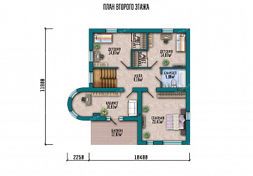 Проект дома с круглым эркером в кабинете, четырьмя спальнями и кладовой на кухне / План 2 этажа