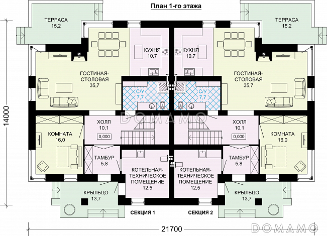 Проект двухэтажного дома-дуплекса из газобетона / План 1 этажа