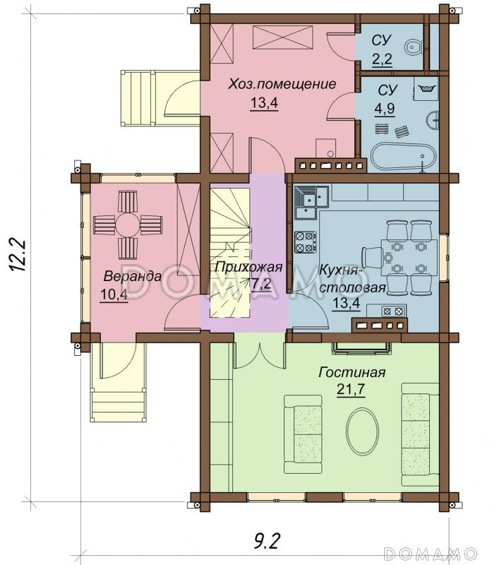 Проект одноэтажного дома из бруса с мансардным этажом и верандой / План 1 этажа