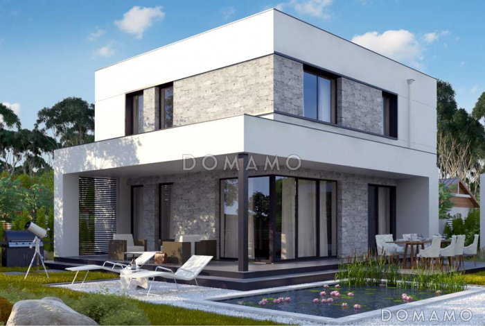 Проект современного двухэтажного дома из кирпича с плоской крышей, четырьмя комнатами и угловым остеклением гостиной