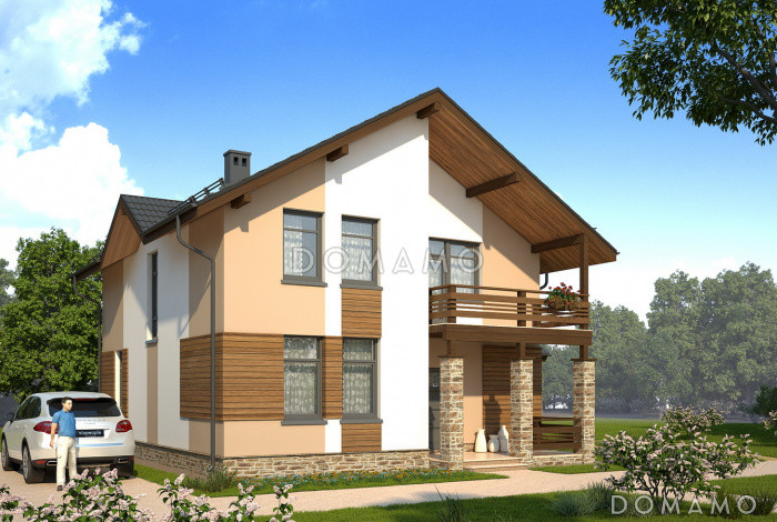 Проект компактного загородного дома с крытой террасой и большой лоджией