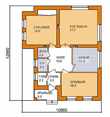 Проект дома из СИП панелей с изолированной кухней, двумя спальнями и небольшой гостиной / План 1 этажа