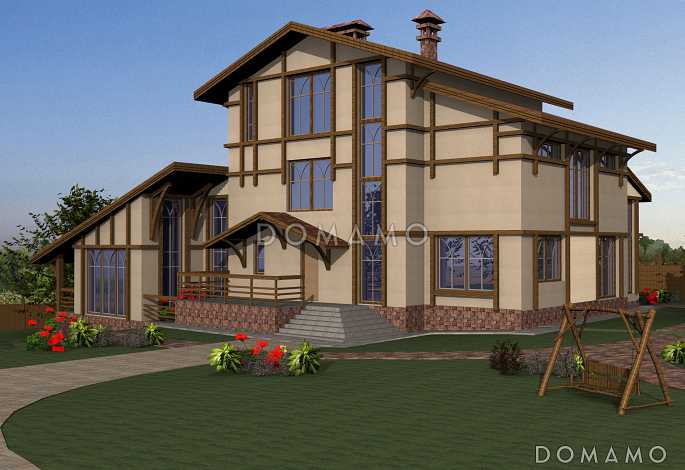 Проект двухэтажного коттеджа с мансардой, цоколем, бассейном и зимним садом