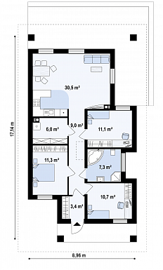 Проект простого комфортного одноэтажного дома из кирпича с тремя спальнями / План 1 этажа