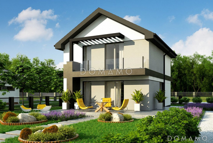 Проект дома с небольшой комнатой на первом этаже, кухней с окном, террасой, балконами