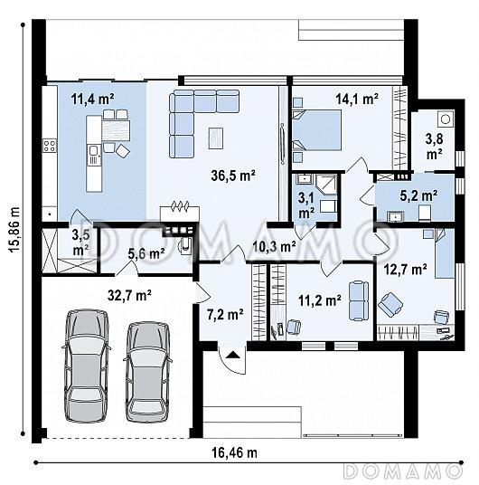Проект современного одноэтажного дома из газобетона с плоской крышей, большой площадью остекления, с тремя спальнями и большим гаражом / План 1 этажа