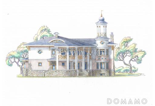 Проект коттеджа с круглым холлом и башенкой / Фасад 4