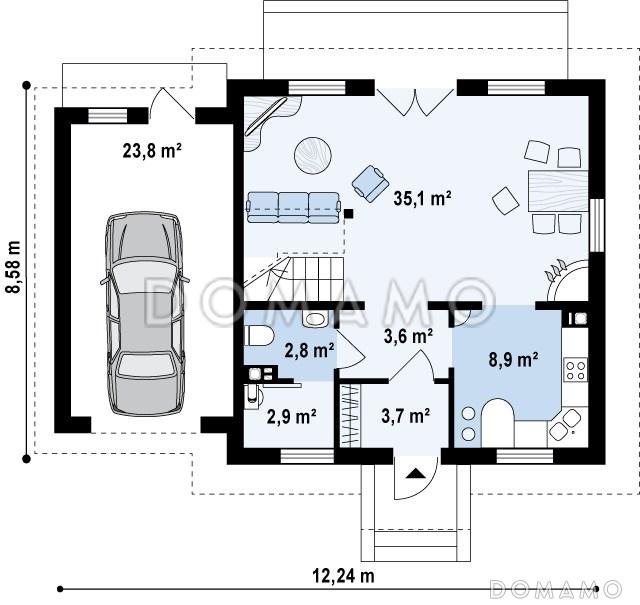Проект одноэтажного дома из кирпича с мансардным этажом и гаражом / План 1 этажа