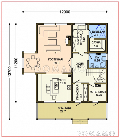 Проект современного загородного двухэтажного дома с сауной / План 1 этажа