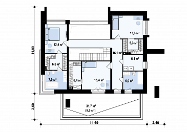Проект кирпичного дома с кабинетом, гаражом на 2 машины и террасой на втором этаже / План 2 этажа