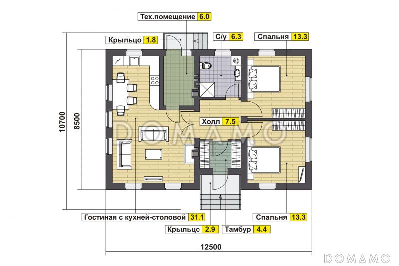 Проект дома по технологии ЛСТК с гостиной, кухней-столовой, спальнями / План 1 этажа