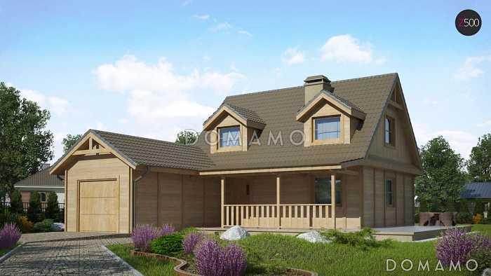 Проект компактного одноэтажного мансардного дома из кирпича с тремя спальнями, фронтальной террасой и гаражом