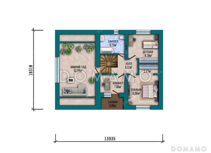 Проект современного двухэтажного дома с просторным гаражом, балконом, совмещенной кухней-гостиной и большим зимним садом на втором этаже / План 2 этажа