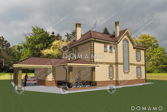 Проект коттеджа с гаражом и навесом для машины