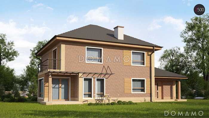 Проект двухэтажного дома из кирпича с тремя спальнями, кабинетом, гаражом и балконом