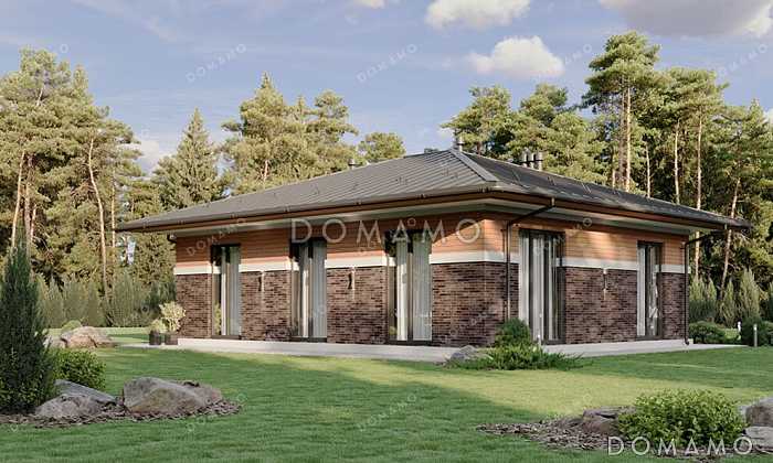 Проект одноэтажного дома с окнами в пол, тремя спальнями и выходом из гостиной в сад