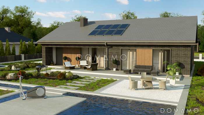 Проект одноэтажного дома с гаражом на одну машину, кладовой на кухне, хозяйской спальней, просторной гостиной с выходом на террасу