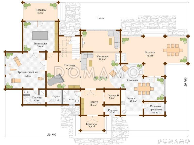 Проект двухэтажного дома из клееного бруса с панорамным остеклением / План 1 этажа