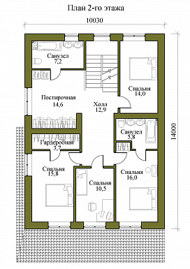 Проект трехэтажного кирпичного дома с пятью спальнями, холодным чердаком и подвалом / План 2 этажа