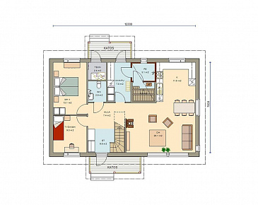 Проект двухэтажного каркасного дома с большими окнами в гостиной / План 1 этажа