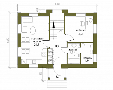 Проект небольшого двухэтажного особняка из SIP панелей с парадным фасадом / План 1 этажа