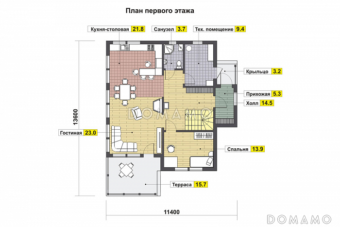 Проект дома со строгими прямоугольными формами / План 1 этажа