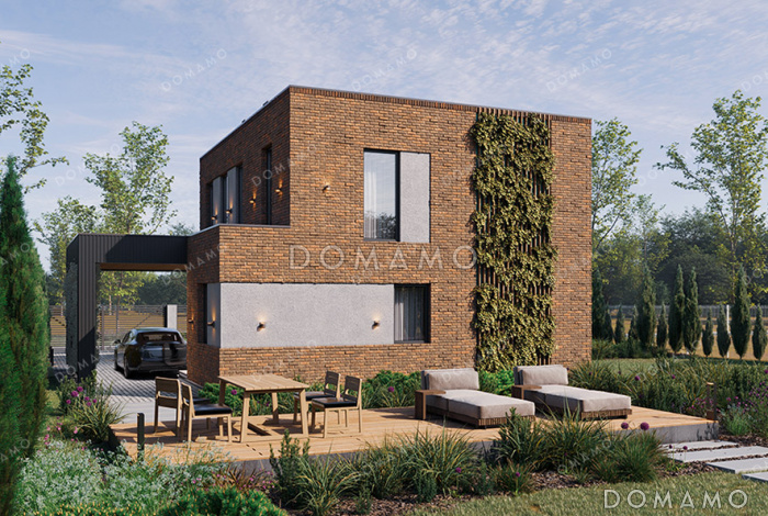 Проект двухэтажного современного дома с плоской крышей и навесом для авто