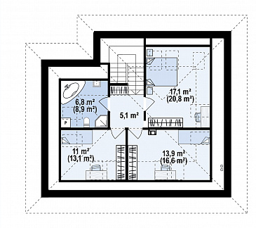 Проект дома с мансардой, гаражом, просторной гостиной с камином, тремя спальнями на мансарде / План мансардного этажа