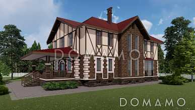 Проект двухэтажного дома в стиле фахверк с подвалом и лаундж-зоной