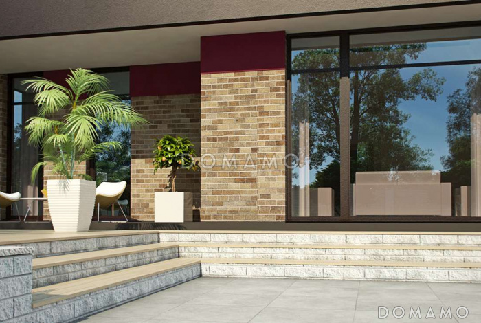 Проект современного двухэтажного дома из кирпича с четырьмя спальнями, большим гаражом и сауной