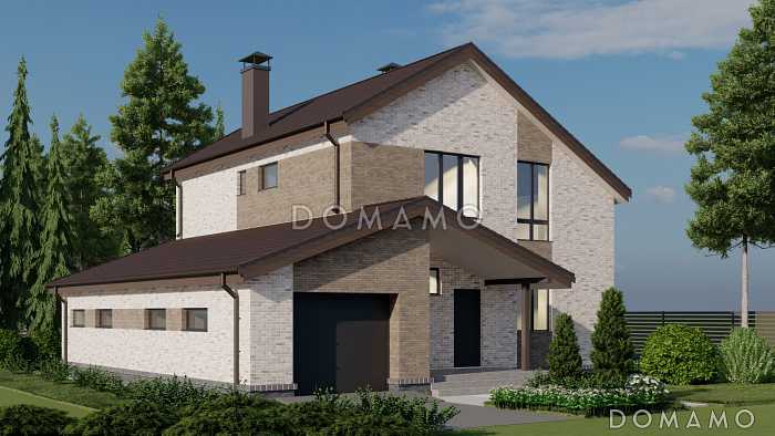 Проект двухэтажного газобетонного дома с гаражом на два машиноместа, тремя спальнями и кабинетом на втором этаже