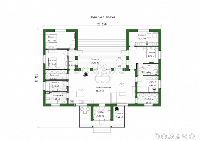 Проект П-образного дома с мансардой, мастер-спальней, кабинетом и вторым светом / План 1 этажа