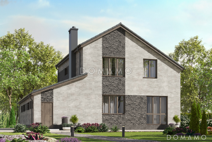 Проект двухэтажного газобетонного дома с гаражом и объединенной спальней, гардеробной и кабинетом