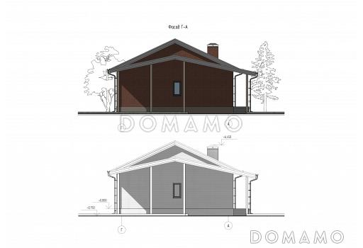 Проект одноэтажного дома с большим навесом для автомобилей, мастер-спальней и широкой террасой / Фасад 3