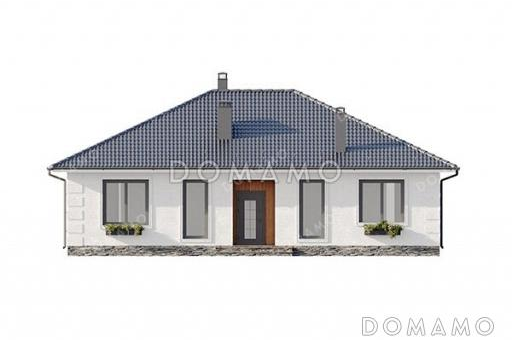 Проект квадратного одноэтажного дома с отделкой декоративной штукатуркой, террасой под общей вальмовой крышей и большой совмещенной кухней-гостиной / Фасад 4