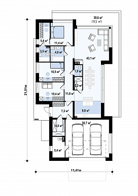 Проект одноэтажного дома из кирпича с просторной гостиной, мастер-спальней и гаражом на 2 машины / План 1 этажа