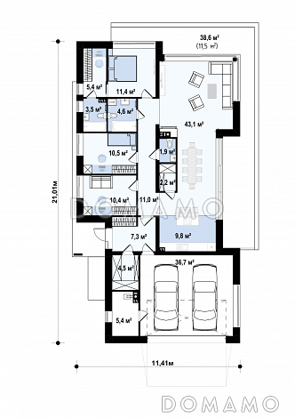 Проект одноэтажного дома из кирпича с просторной гостиной, мастер-спальней и гаражом на 2 машины / План 1 этажа