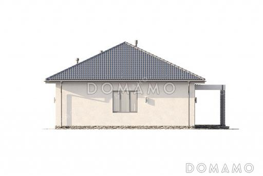 Проект компактного одноэтажного дома с вальмовой кровлей, крытой террасой, тремя спальнями и большой открытой зоной кухни-гостиной / Фасад 3