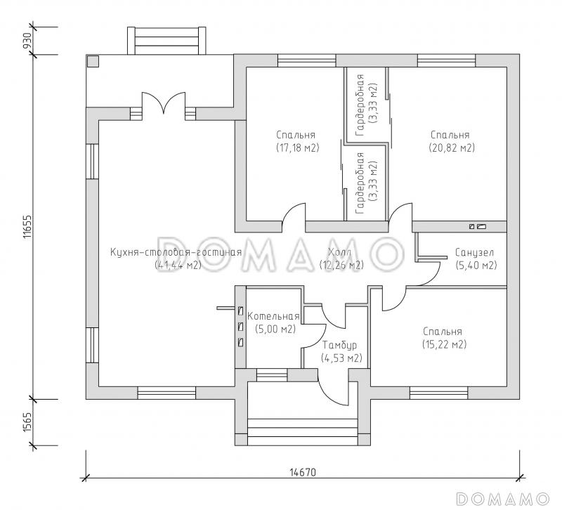 Проект компактного одноэтажного дома из SIP панелей с тремя спальнями и большой гостиной / План 1 этажа
