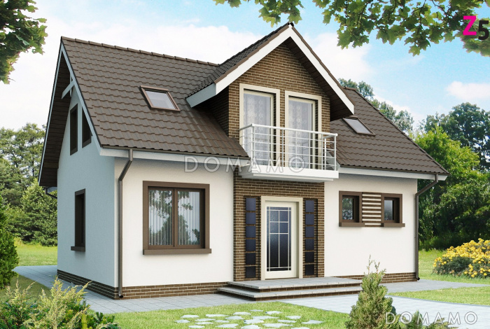 Проект одноэтажного мансардного дома из газобетона с балконом над входом