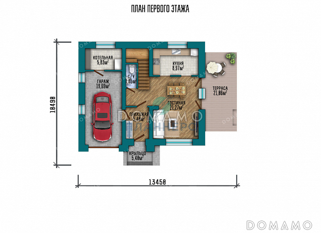 Проект домика с мансардой и встроенным гаражом / План 1 этажа