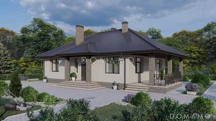 Проект дома из газобетона с большой гостиной, камином и 3 спальнями