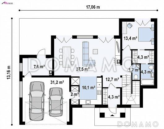 Проект современного двухэтажного коттеджа из газобетона с большой площадью остекления, вторым светом и гаражом / План 1 этажа