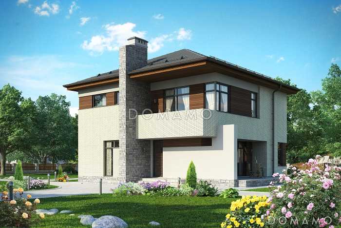 Проект загородного дома с просторной гостиной с камином, террасой, сауной на первом этаже, балконом