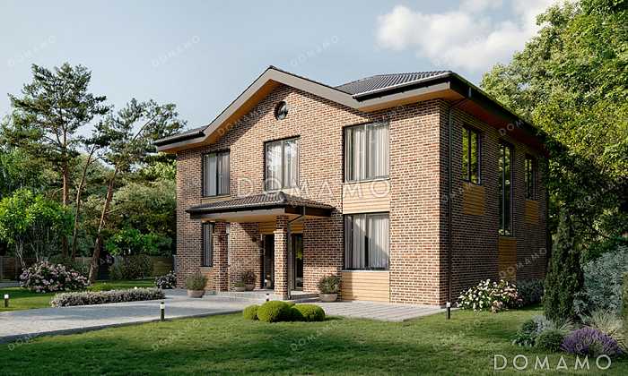 Проект двухэтажного дома, облицованного кирпичом, с 5 спальнями и террасой