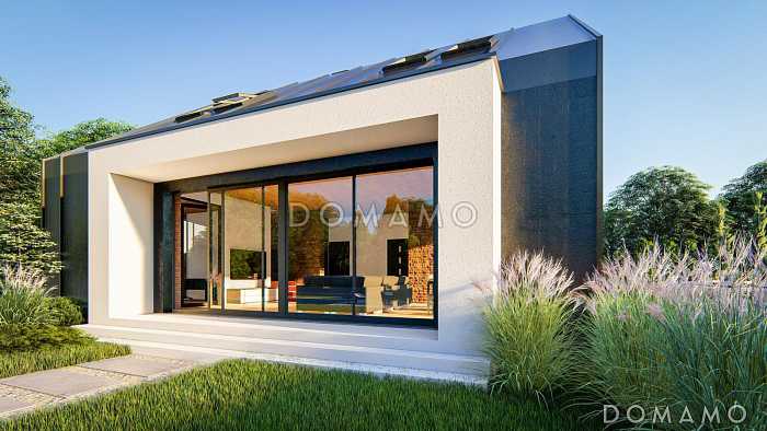 Проект загородного дома с мансардным этажом, гаражом, кабинетом и просторной гостиной