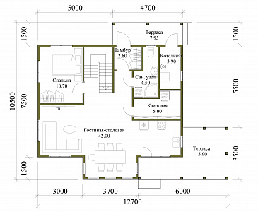 Проект каркасного дома с мансардой, 5 спальнями, гостиной-столовой и крытой террасой / План 1 этажа