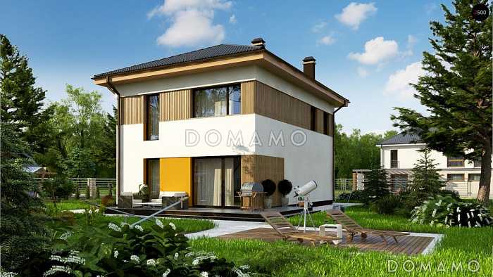 Проект дома с террасой, подвалом, кухней с кладовой, санузлом с душем на первом этаже