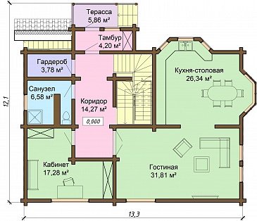 Проект одноэтажного дома из бруса с мансардным и цокольным этажами / План 1 этажа