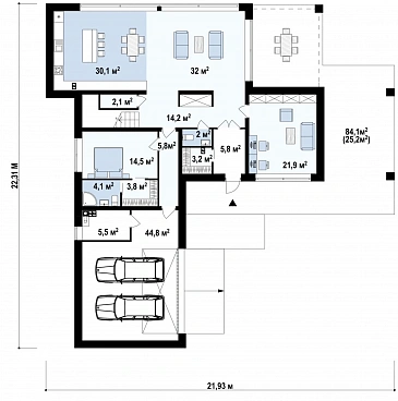 Проект просторного современного двухэтажного дома из газобетона с плоской крышей,  с верандой, гаражом и террасами на обоих этажах / План 1 этажа